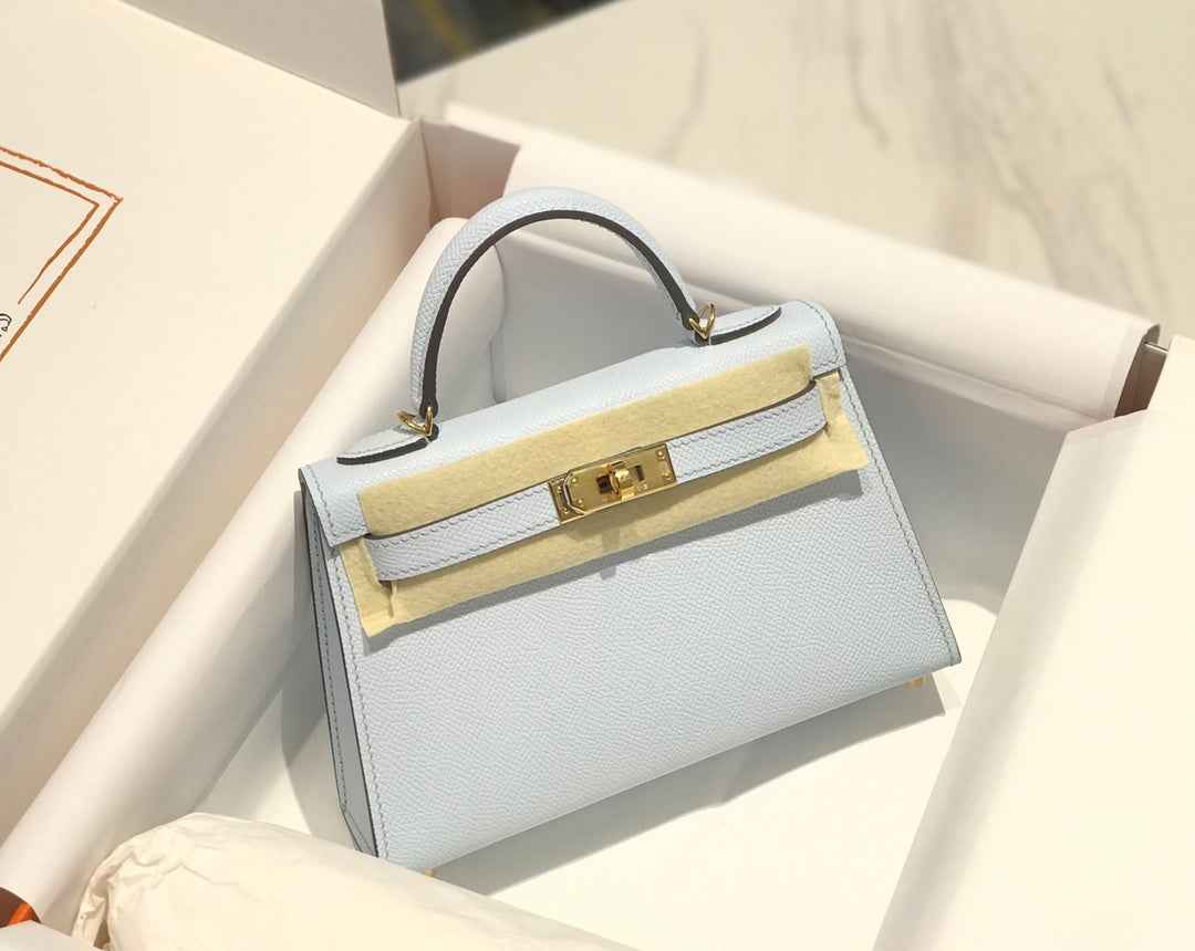 Hermes Kelly Mini II Bag 19 Silver Hardware with Epsom Light Blue