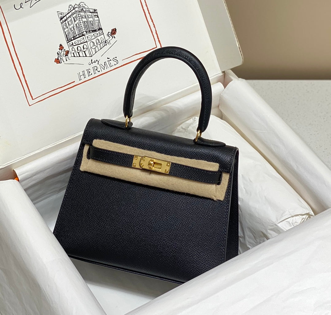 Hermes Kelly Mini II Bag 20 Black Epsom with Gold Hardware
