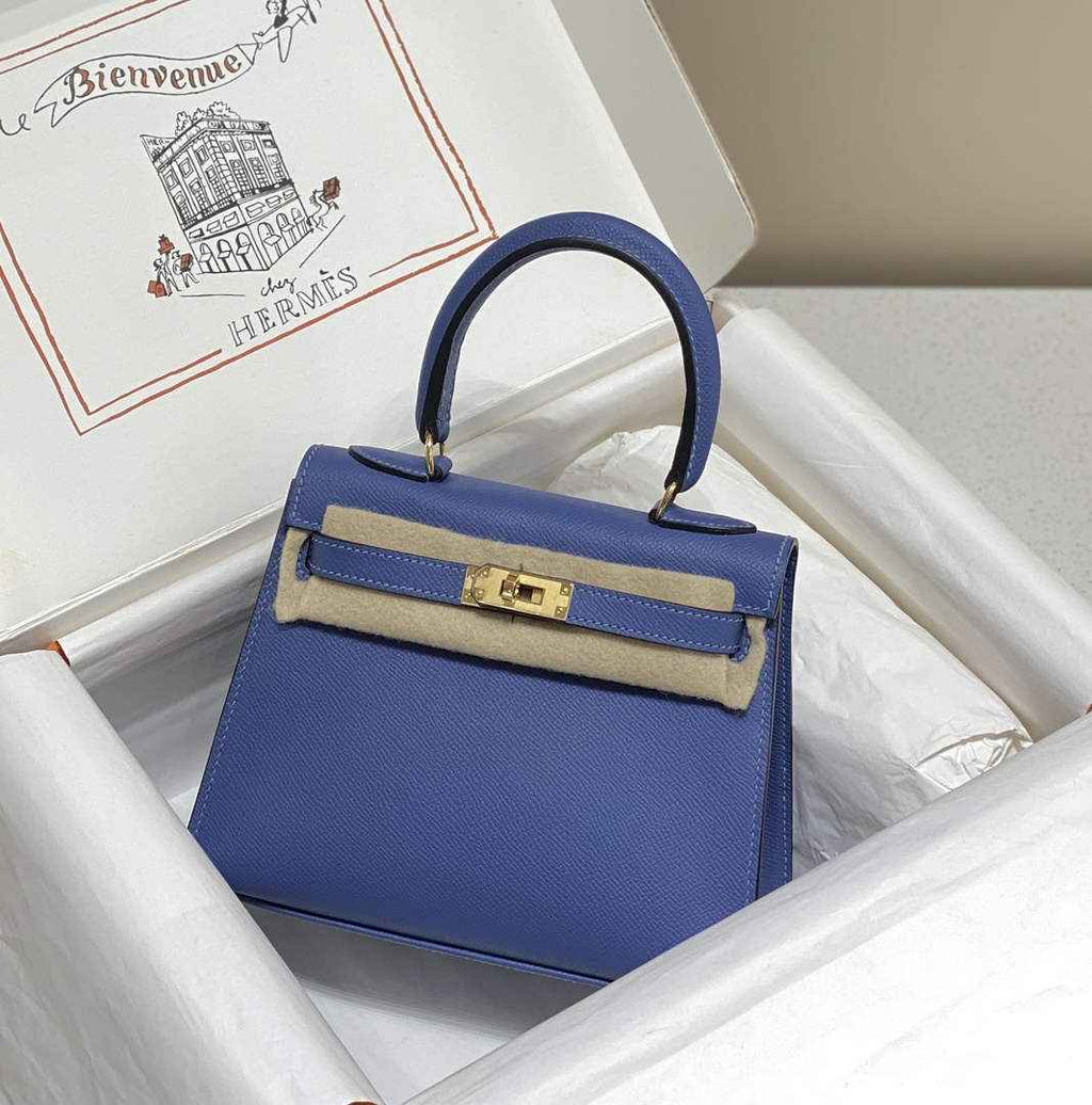 Hermes Kelly Mini II Bag 20 Blue Epsom with Gold Hardware