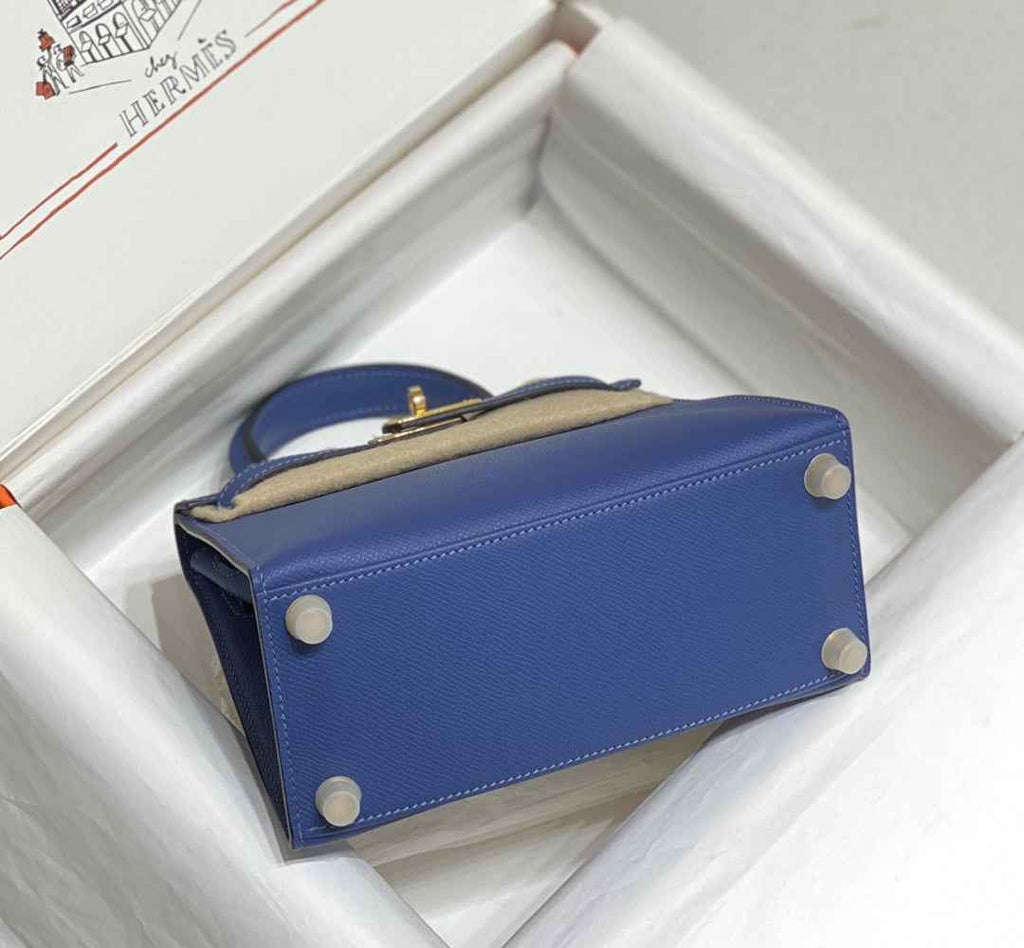 Hermes Kelly Mini II Bag 20 Blue Epsom with Gold Hardware