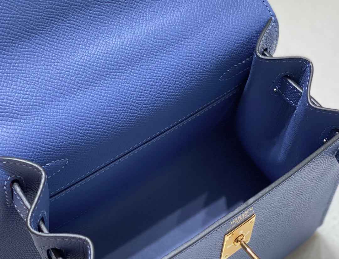 Hermes Kelly Mini II Bag 20 Blue Epsom with Gold Hardware