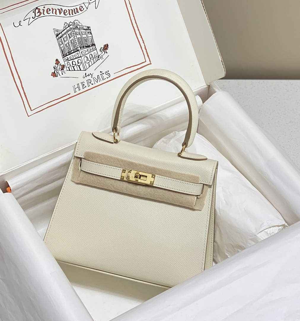 Hermes Kelly Mini II Bag 20 White Epsom with Gold Hardware