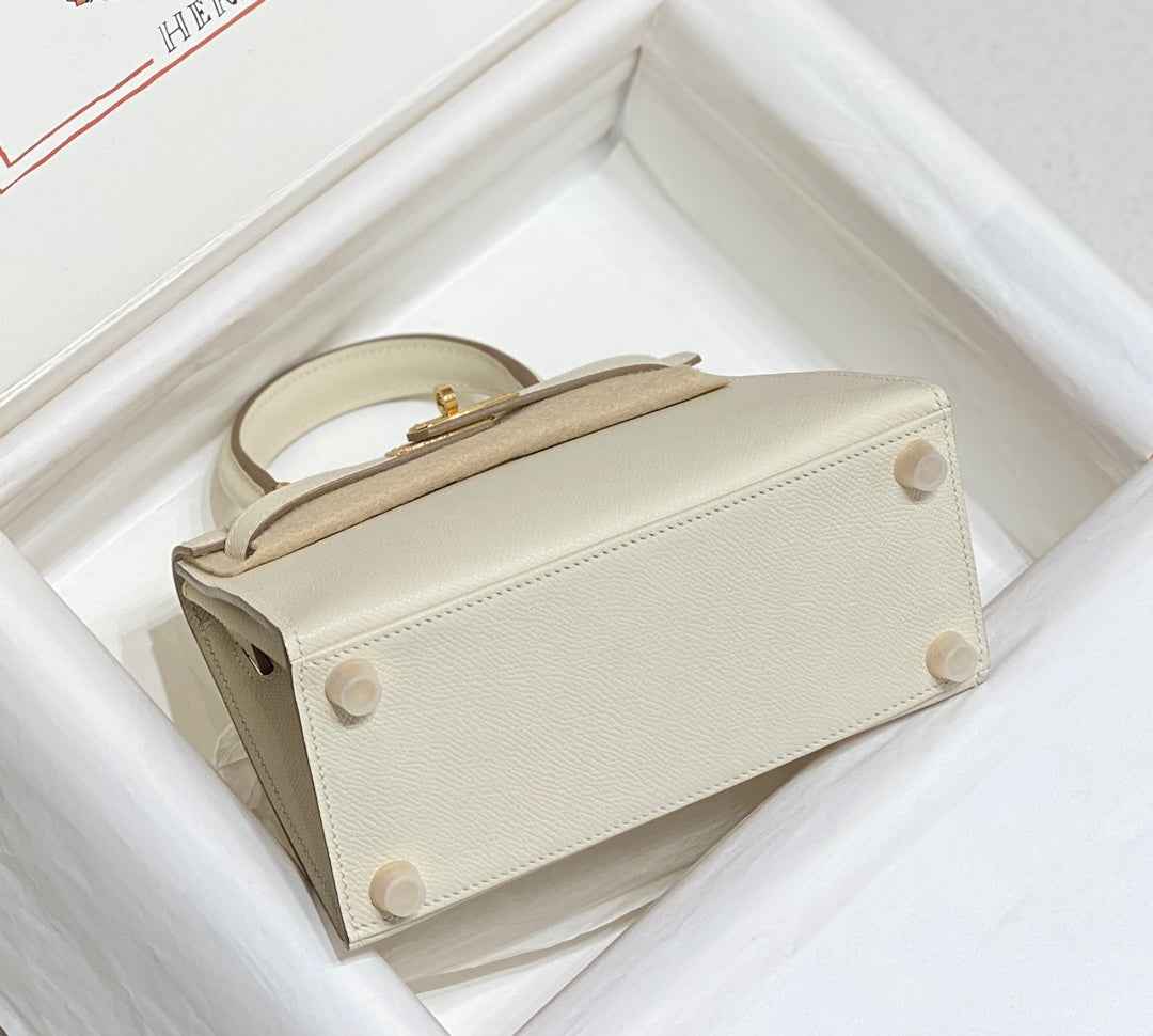 Hermes Kelly Mini II Bag 20 White Epsom with Gold Hardware