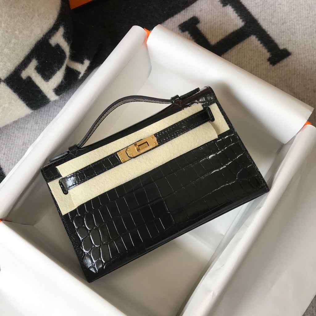 Hermes Kelly Mini II Bag 22 Black Crocodile Leather Gold half Handmade