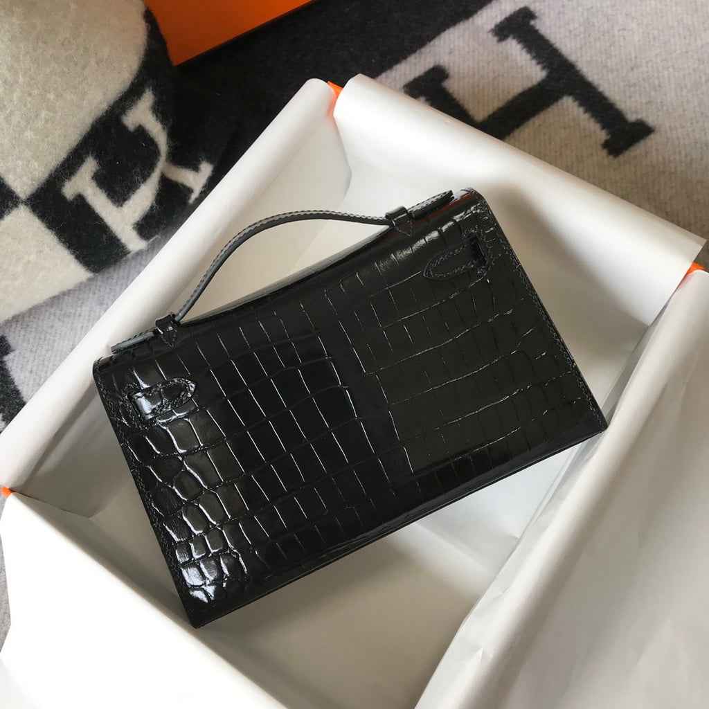 Hermes Kelly Mini II Bag 22 Black Crocodile Leather Gold half Handmade
