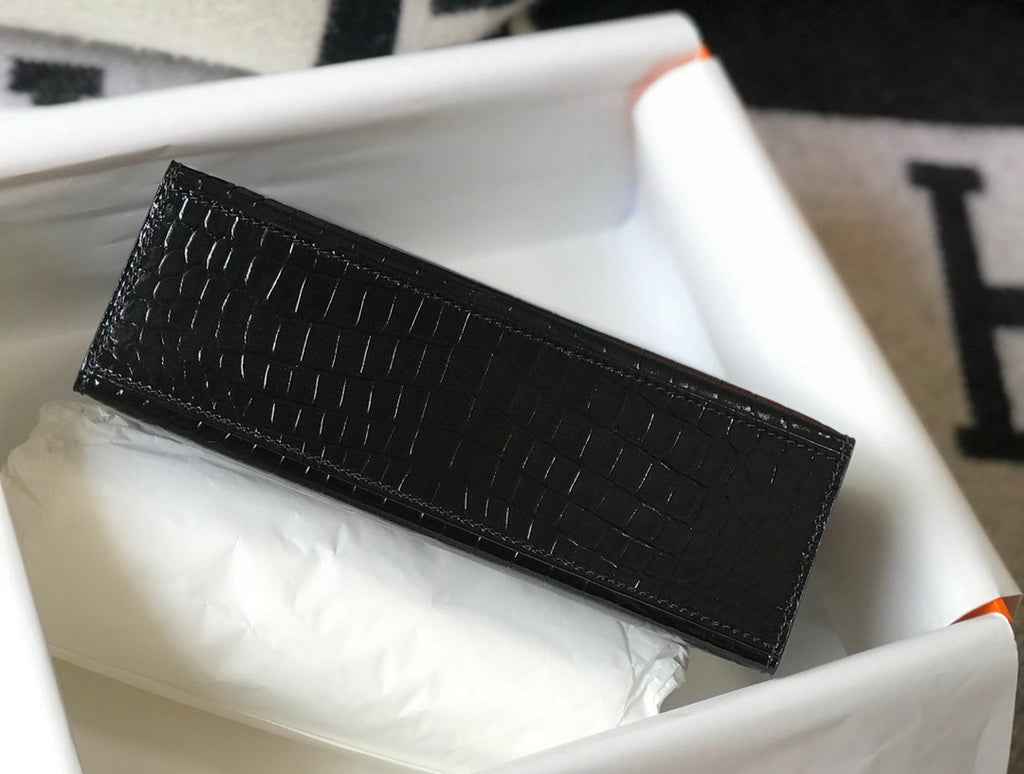 Hermes Kelly Mini II Bag 22 Black Crocodile Leather Gold half Handmade