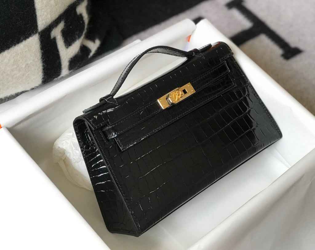 Hermes Kelly Mini II Bag 22 Black Crocodile Leather Gold half Handmade