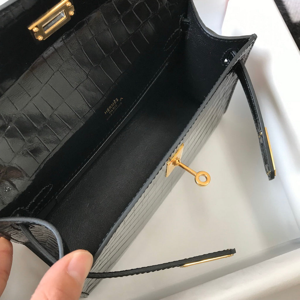 Hermes Kelly Mini II Bag 22 Black Crocodile Leather Gold half Handmade