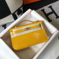 Hermes Kelly Mini II Bag 22 Yellow Crocodile Leather Gold half Handmade