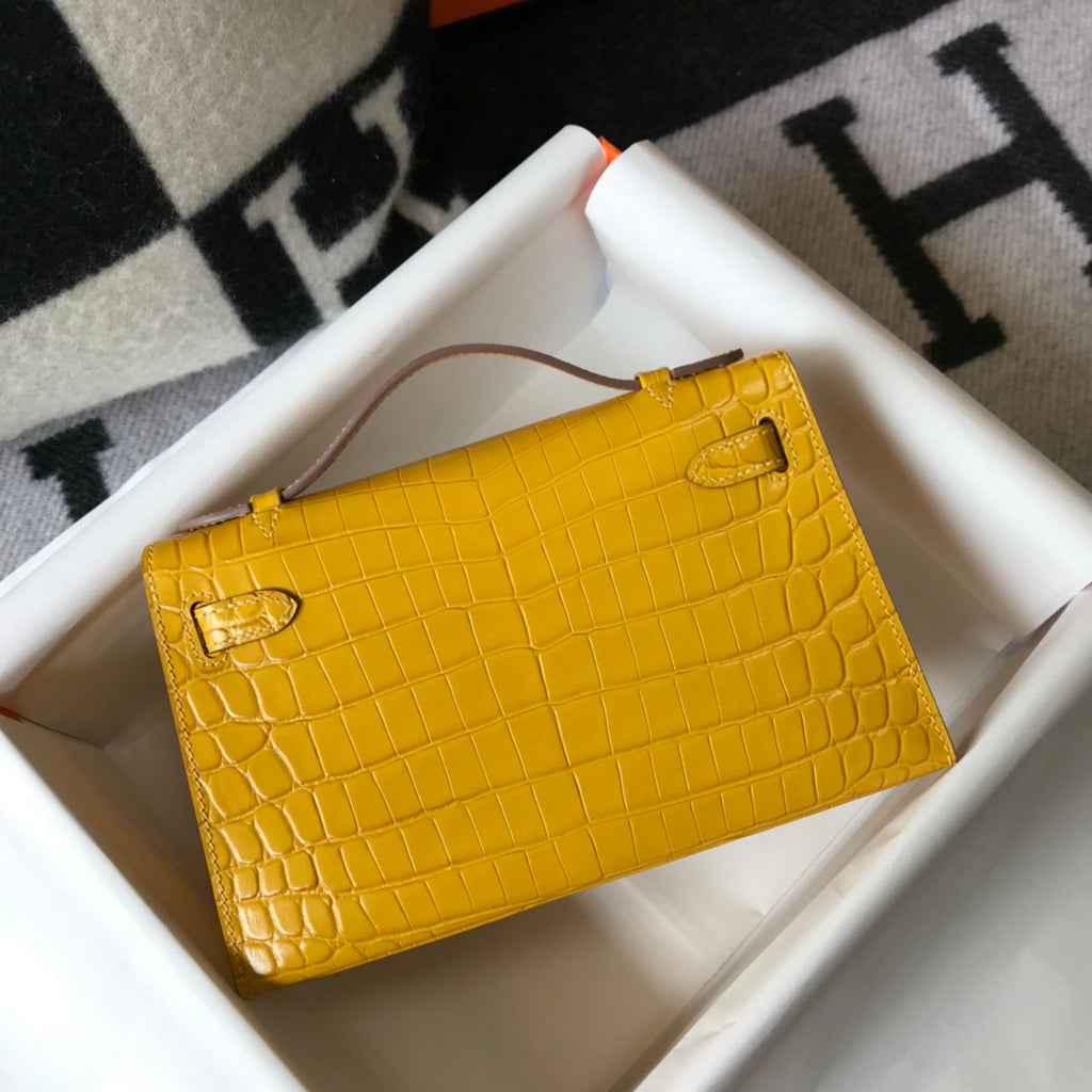 Hermes Kelly Mini II Bag 22 Yellow Crocodile Leather Gold half Handmade