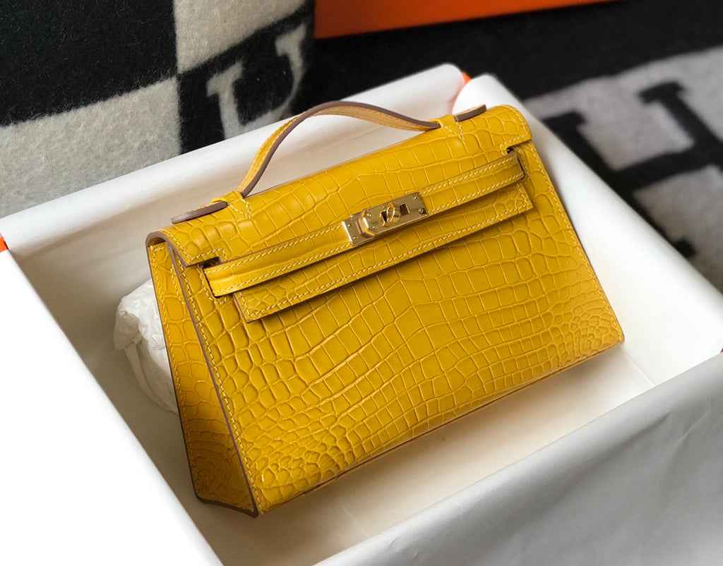 Hermes Kelly Mini II Bag 22 Yellow Crocodile Leather Gold half Handmade