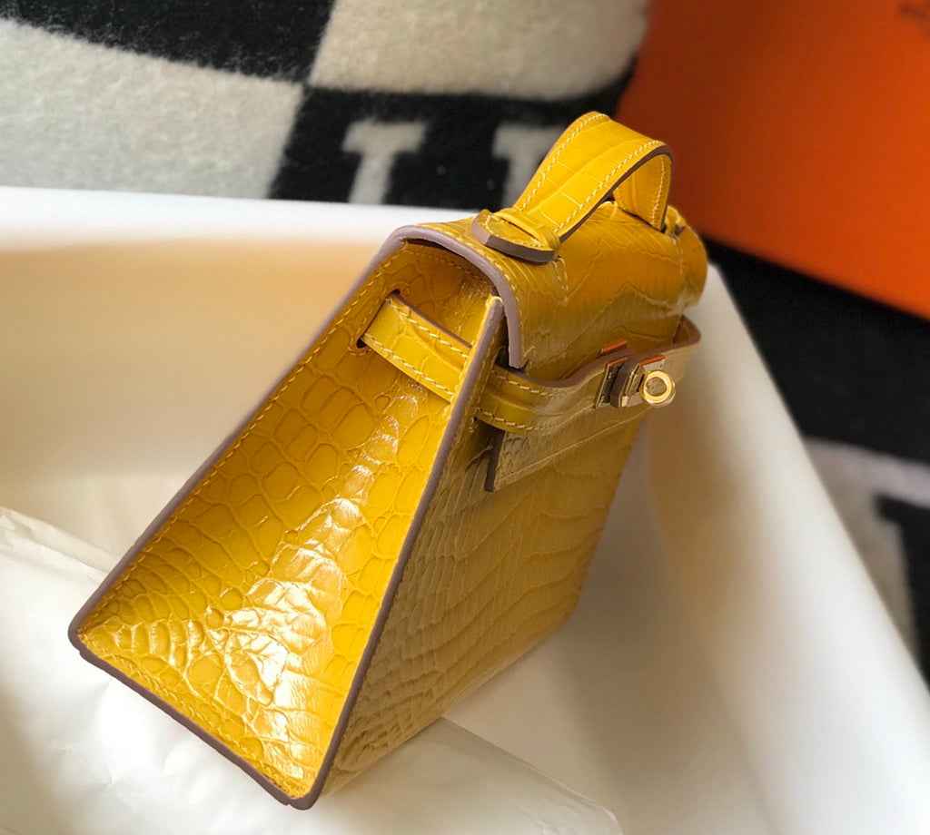Hermes Kelly Mini II Bag 22 Yellow Crocodile Leather Gold half Handmade