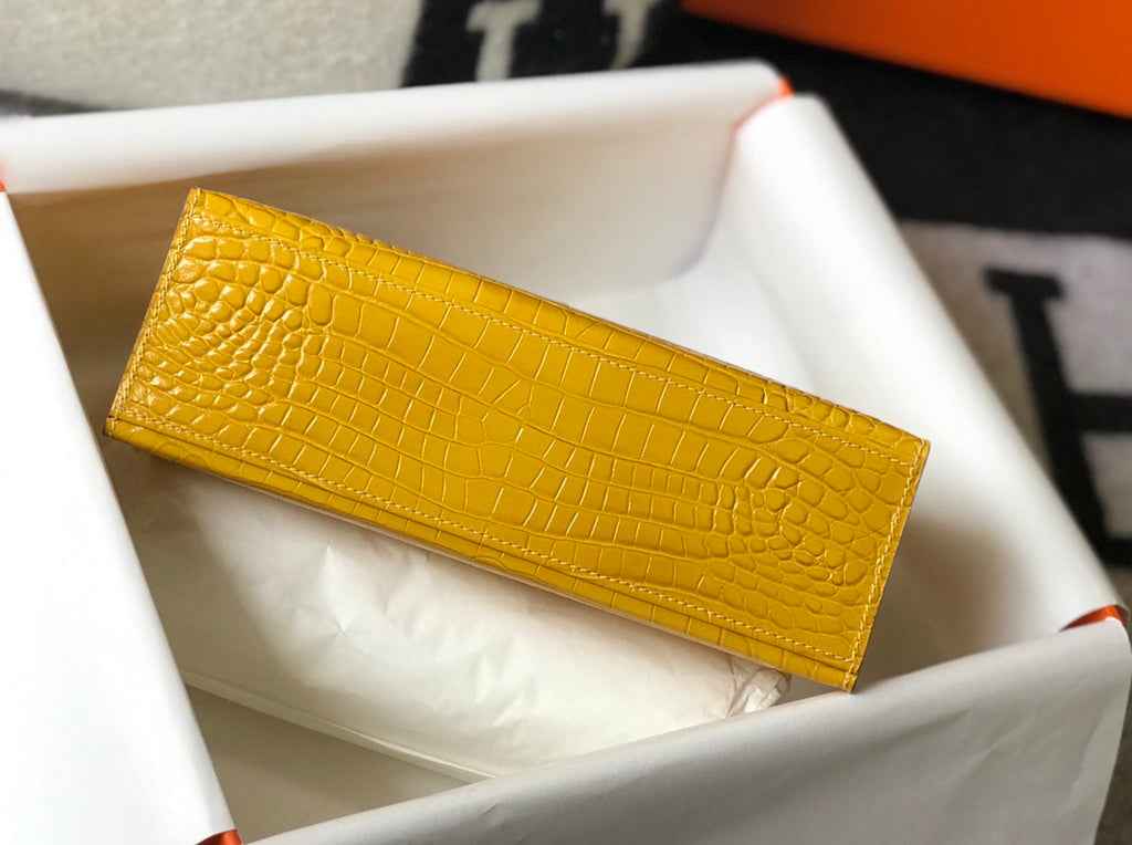 Hermes Kelly Mini II Bag 22 Yellow Crocodile Leather Gold half Handmade