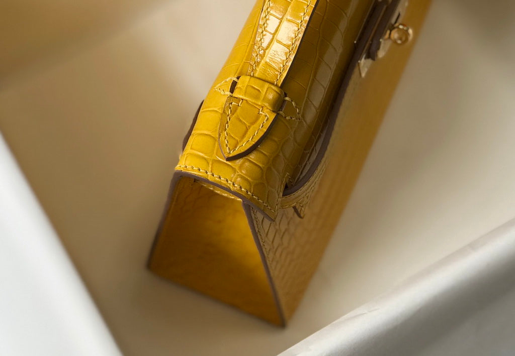 Hermes Kelly Mini II Bag 22 Yellow Crocodile Leather Gold half Handmade