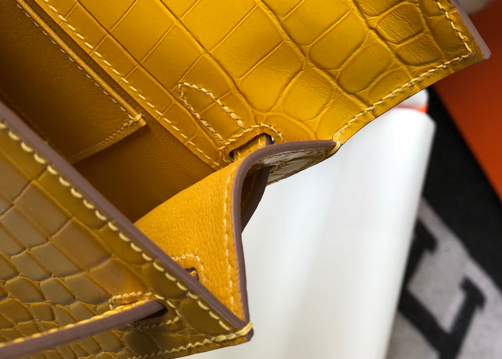 Hermes Kelly Mini II Bag 22 Yellow Crocodile Leather Gold half Handmade