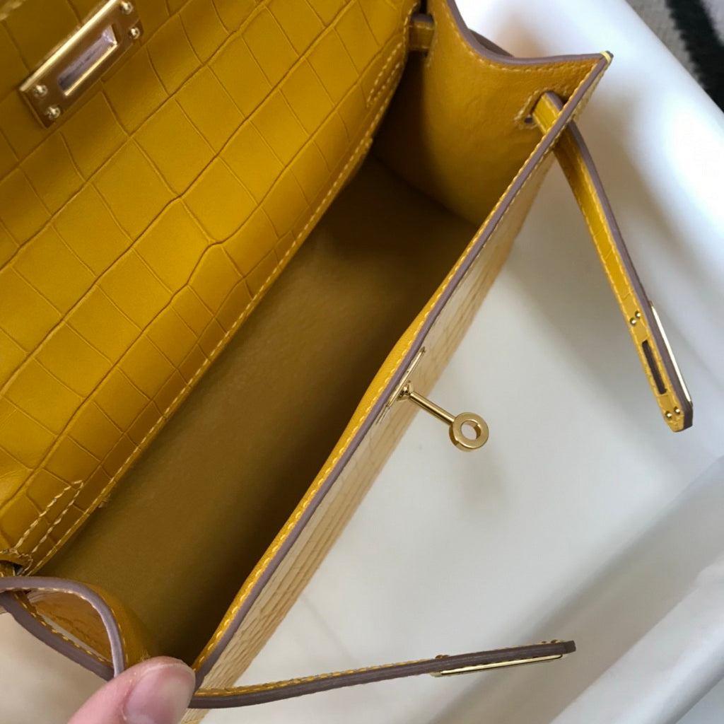 Hermes Kelly Mini II Bag 22 Yellow Crocodile Leather Gold half Handmade