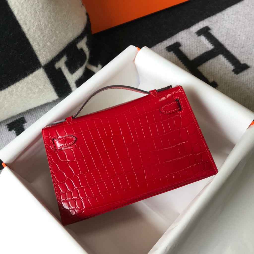 Hermes Kelly Mini II Bag 22 Red Crocodile Leather Gold half Handmade