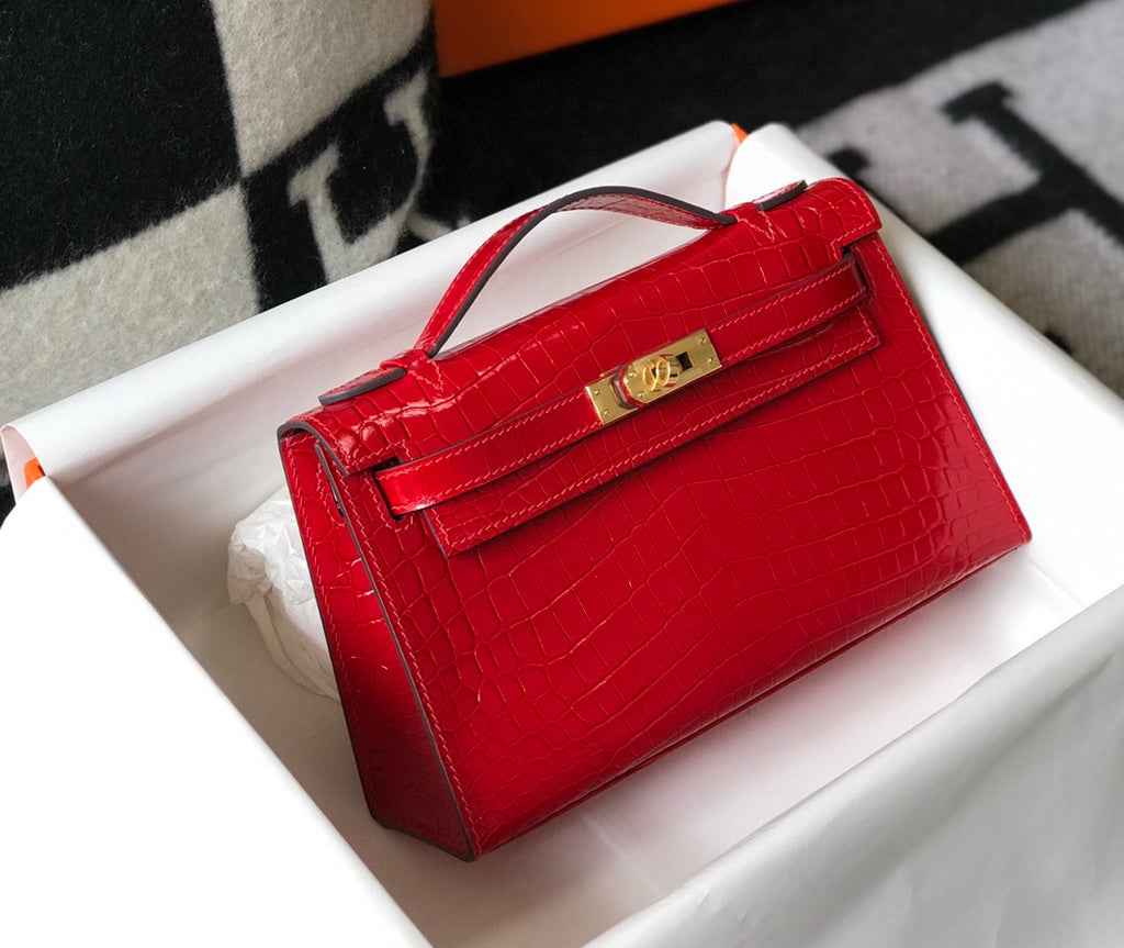 Hermes Kelly Mini II Bag 22 Red Crocodile Leather Gold half Handmade