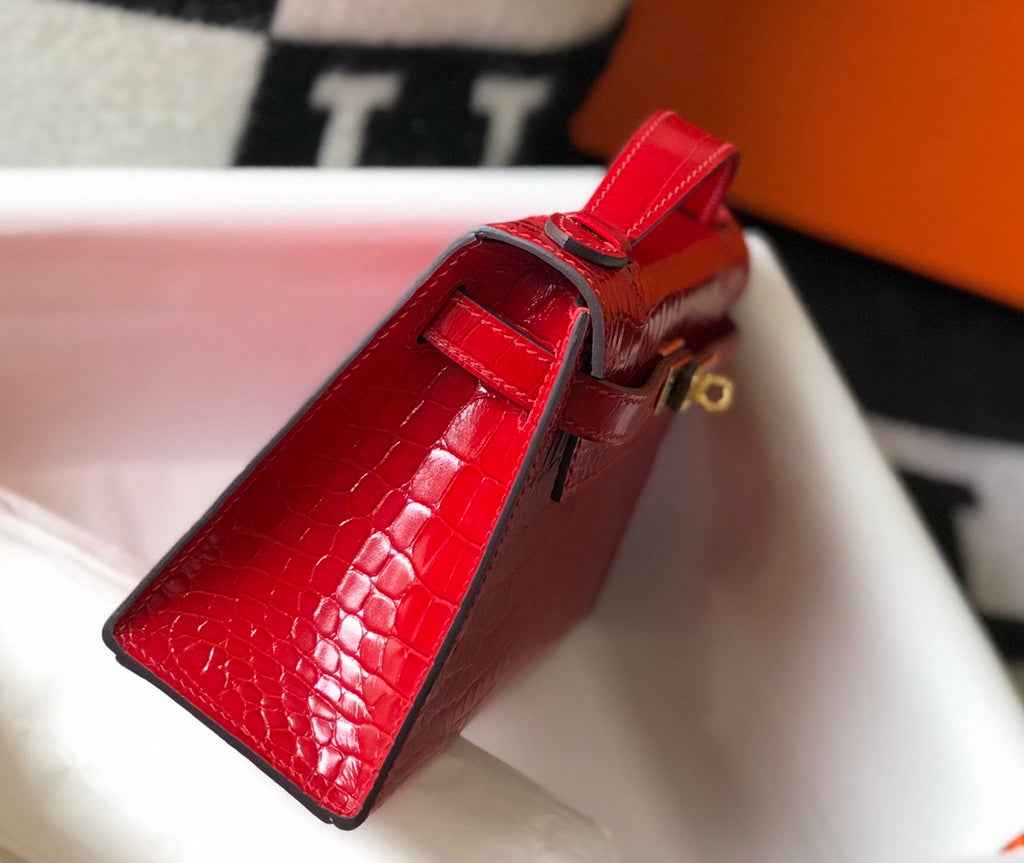 Hermes Kelly Mini II Bag 22 Red Crocodile Leather Gold half Handmade