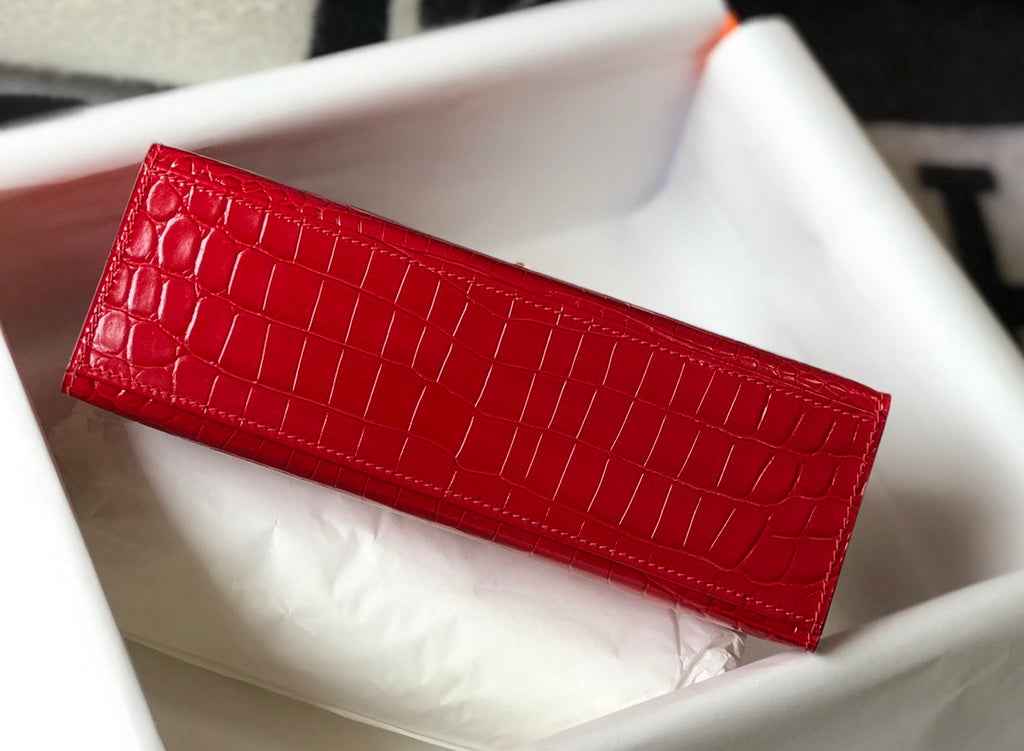 Hermes Kelly Mini II Bag 22 Red Crocodile Leather Gold half Handmade