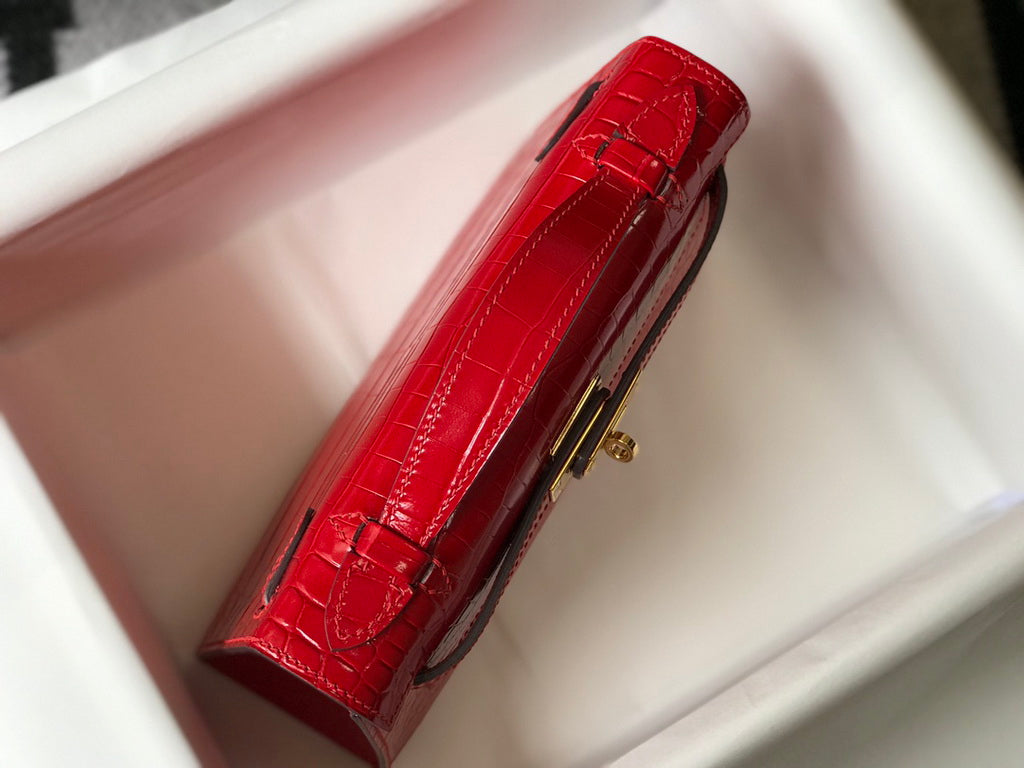 Hermes Kelly Mini II Bag 22 Red Crocodile Leather Gold half Handmade