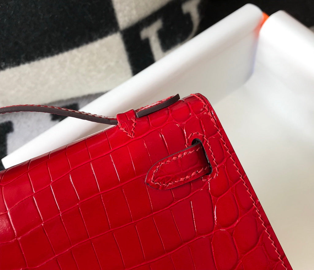 Hermes Kelly Mini II Bag 22 Red Crocodile Leather Gold half Handmade