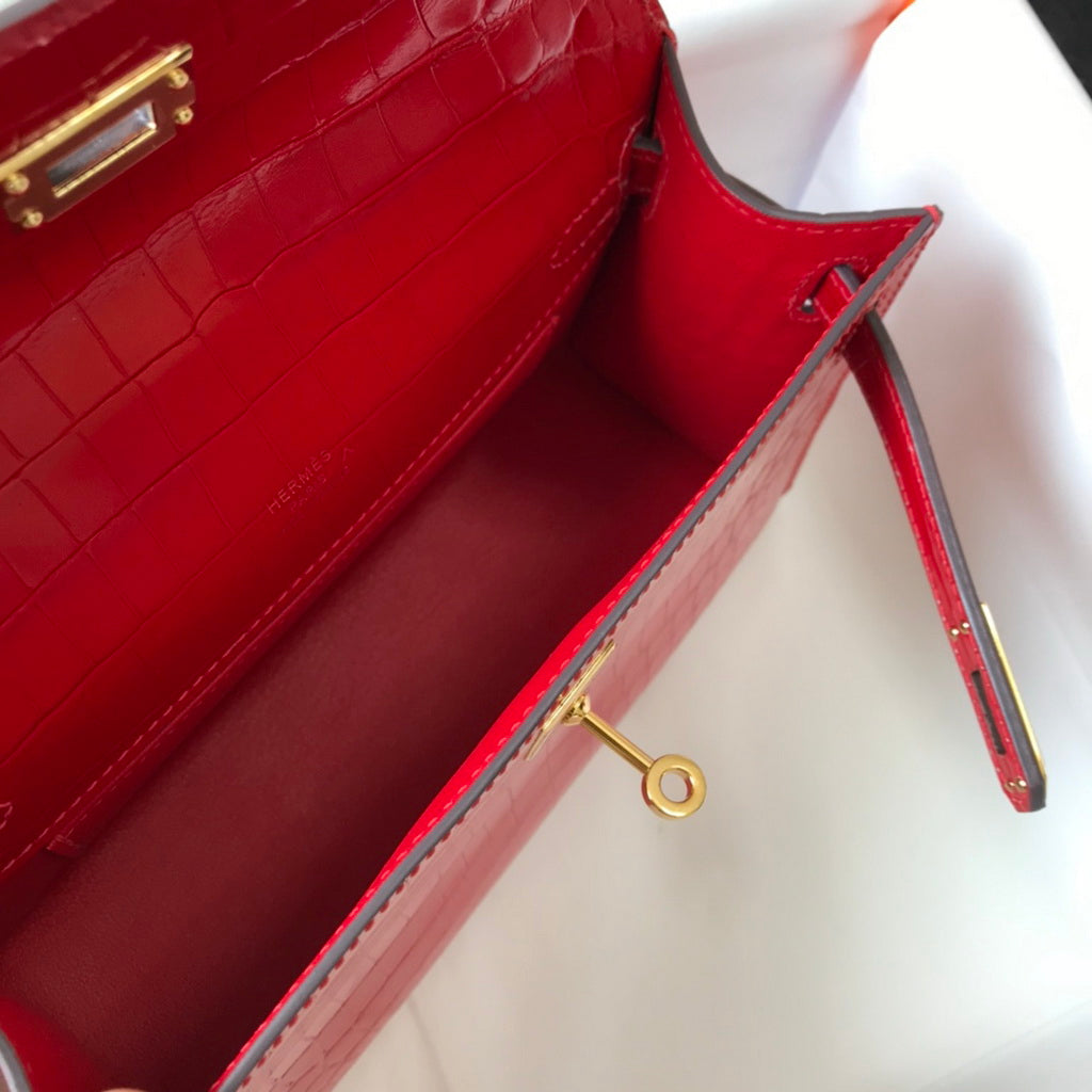 Hermes Kelly Mini II Bag 22 Red Crocodile Leather Gold half Handmade