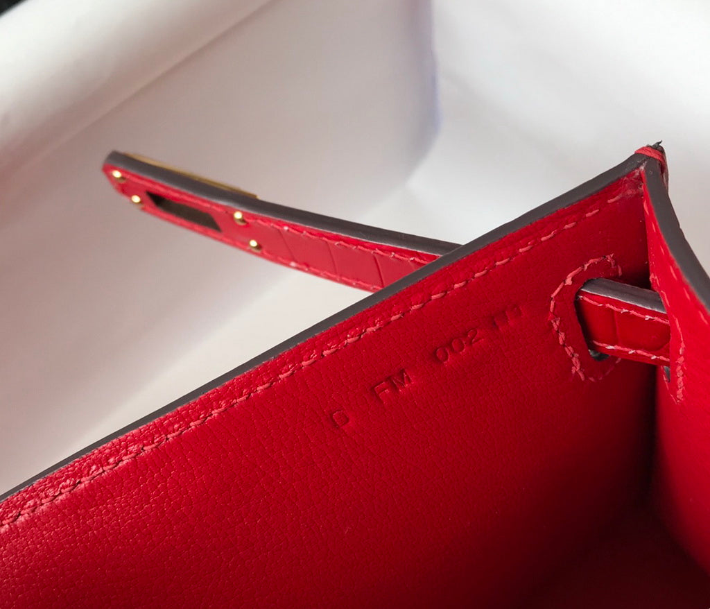 Hermes Kelly Mini II Bag 22 Red Crocodile Leather Gold half Handmade