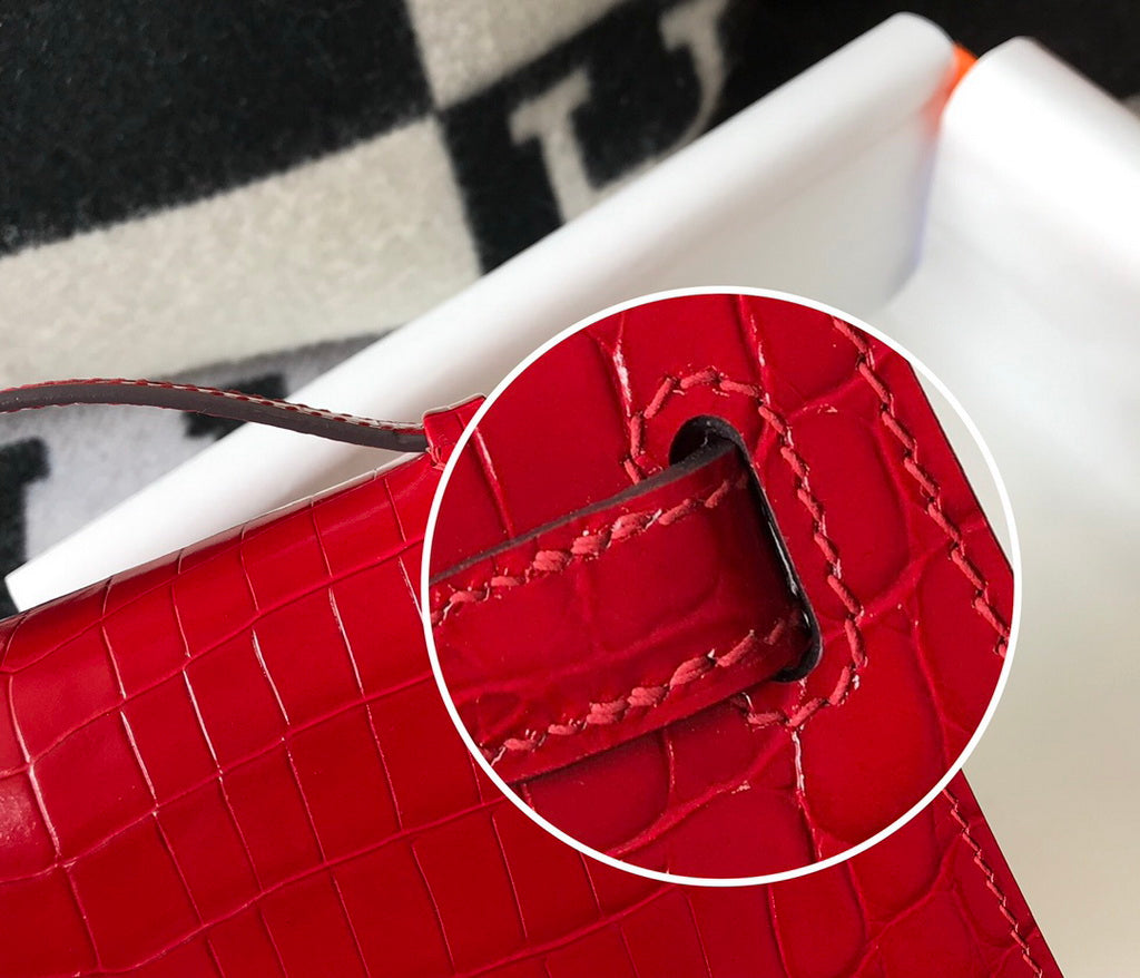 Hermes Kelly Mini II Bag 22 Red Crocodile Leather Gold half Handmade