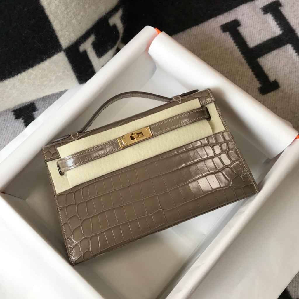 Hermes Kelly Mini II Bag 22 Gray Crocodile Leather Gold half Handmade