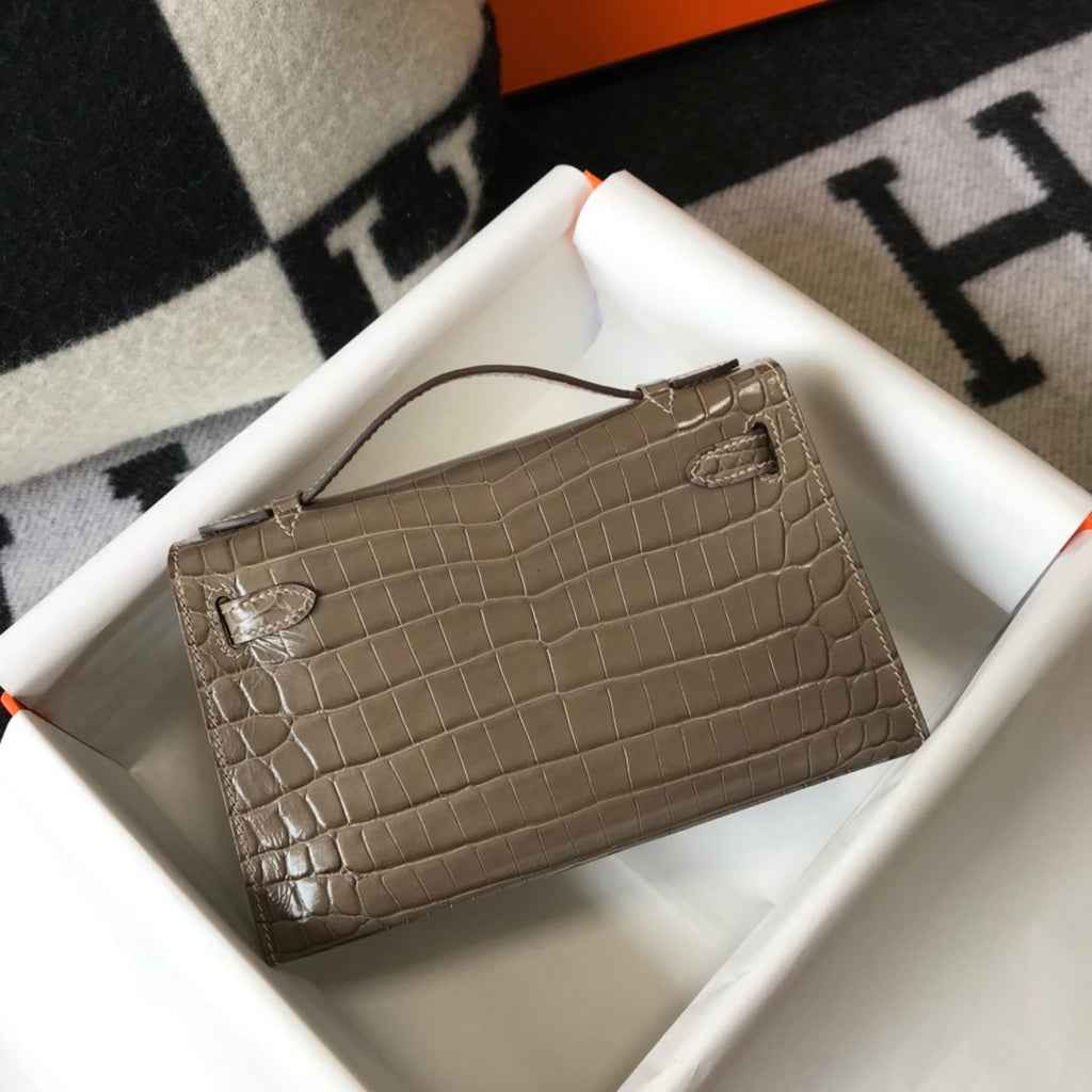 Hermes Kelly Mini II Bag 22 Gray Crocodile Leather Gold half Handmade