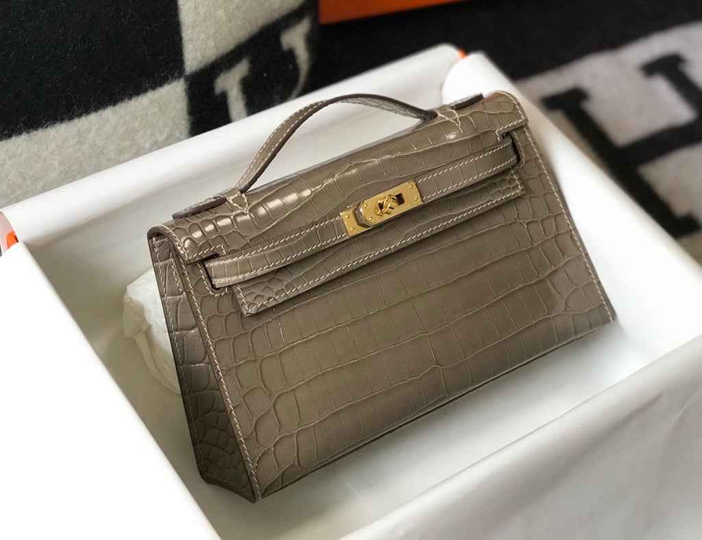 Hermes Kelly Mini II Bag 22 Gray Crocodile Leather Gold half Handmade