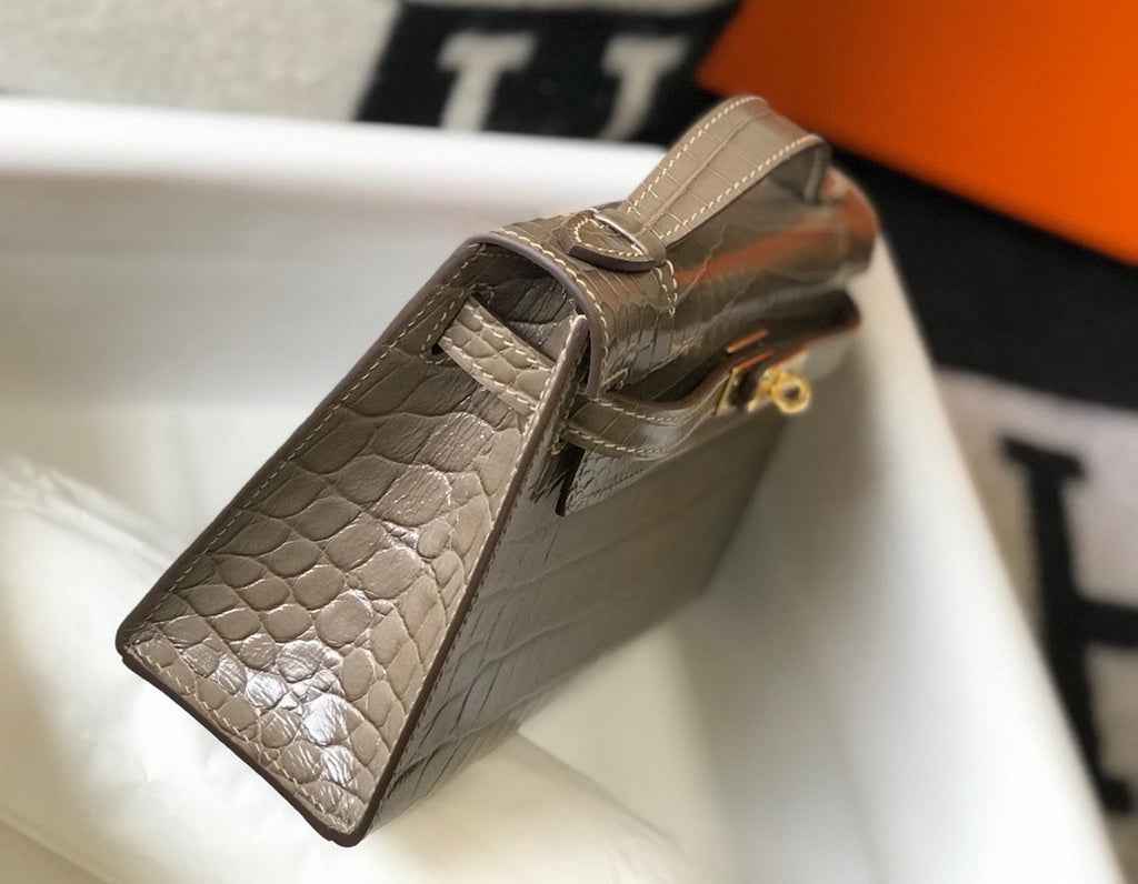 Hermes Kelly Mini II Bag 22 Gray Crocodile Leather Gold half Handmade