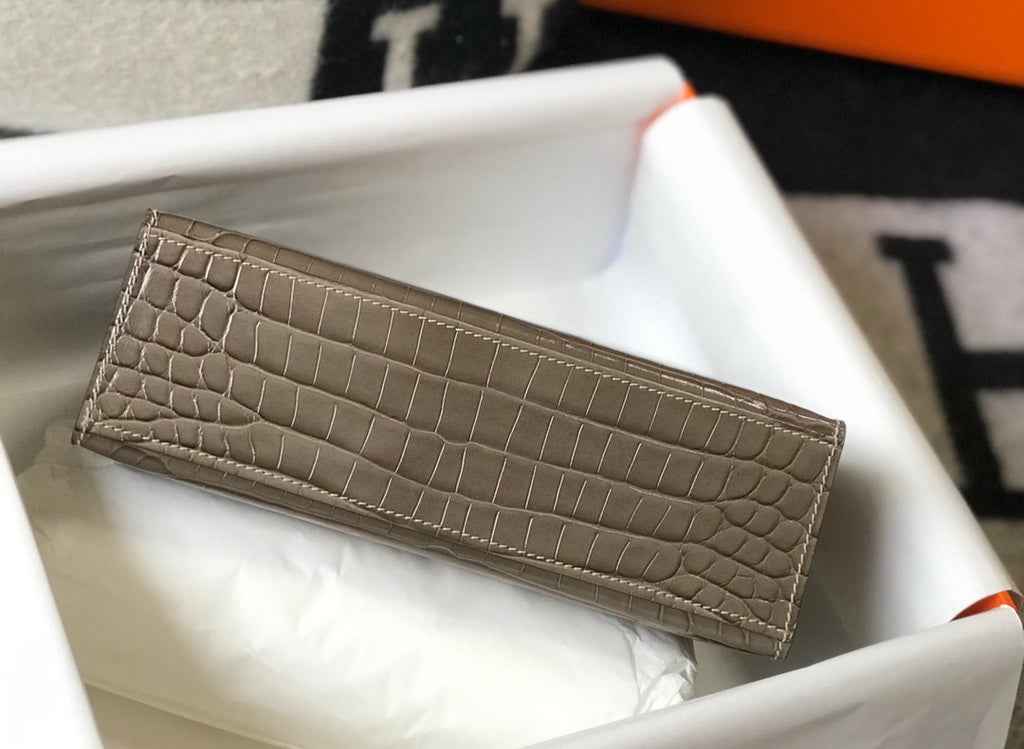 Hermes Kelly Mini II Bag 22 Gray Crocodile Leather Gold half Handmade