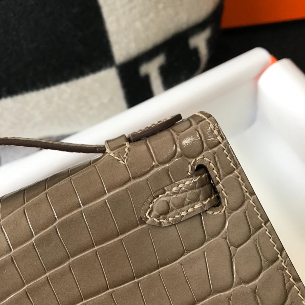 Hermes Kelly Mini II Bag 22 Gray Crocodile Leather Gold half Handmade