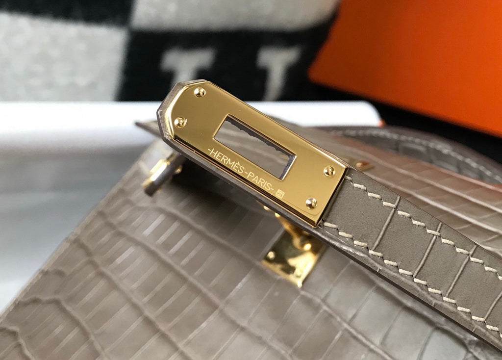 Hermes Kelly Mini II Bag 22 Gray Crocodile Leather Gold half Handmade