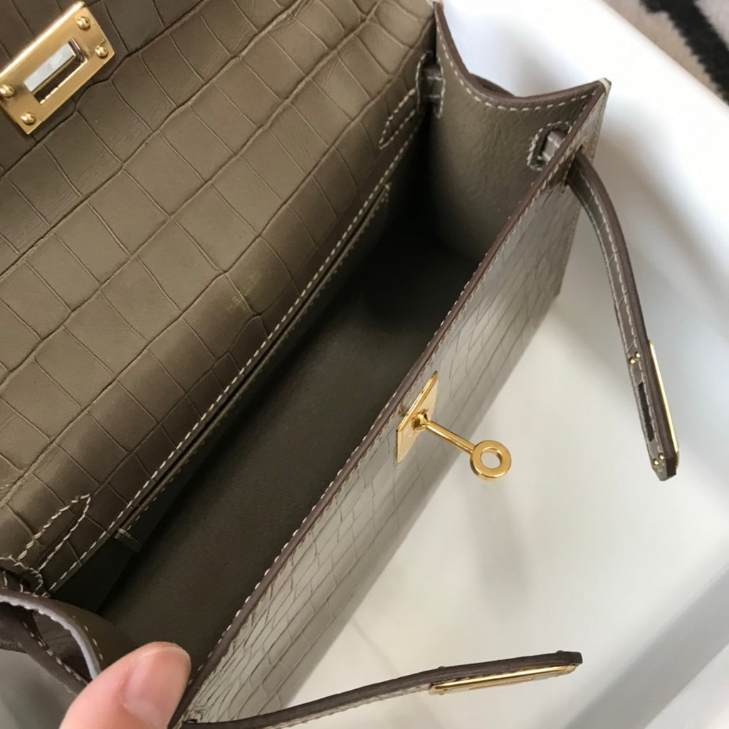 Hermes Kelly Mini II Bag 22 Gray Crocodile Leather Gold half Handmade