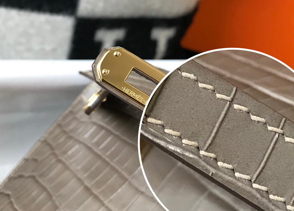 Hermes Kelly Mini II Bag 22 Gray Crocodile Leather Gold half Handmade