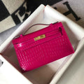 Hermes Kelly Mini II Bag 22 Plum Crocodile Leather Gold half Handmade