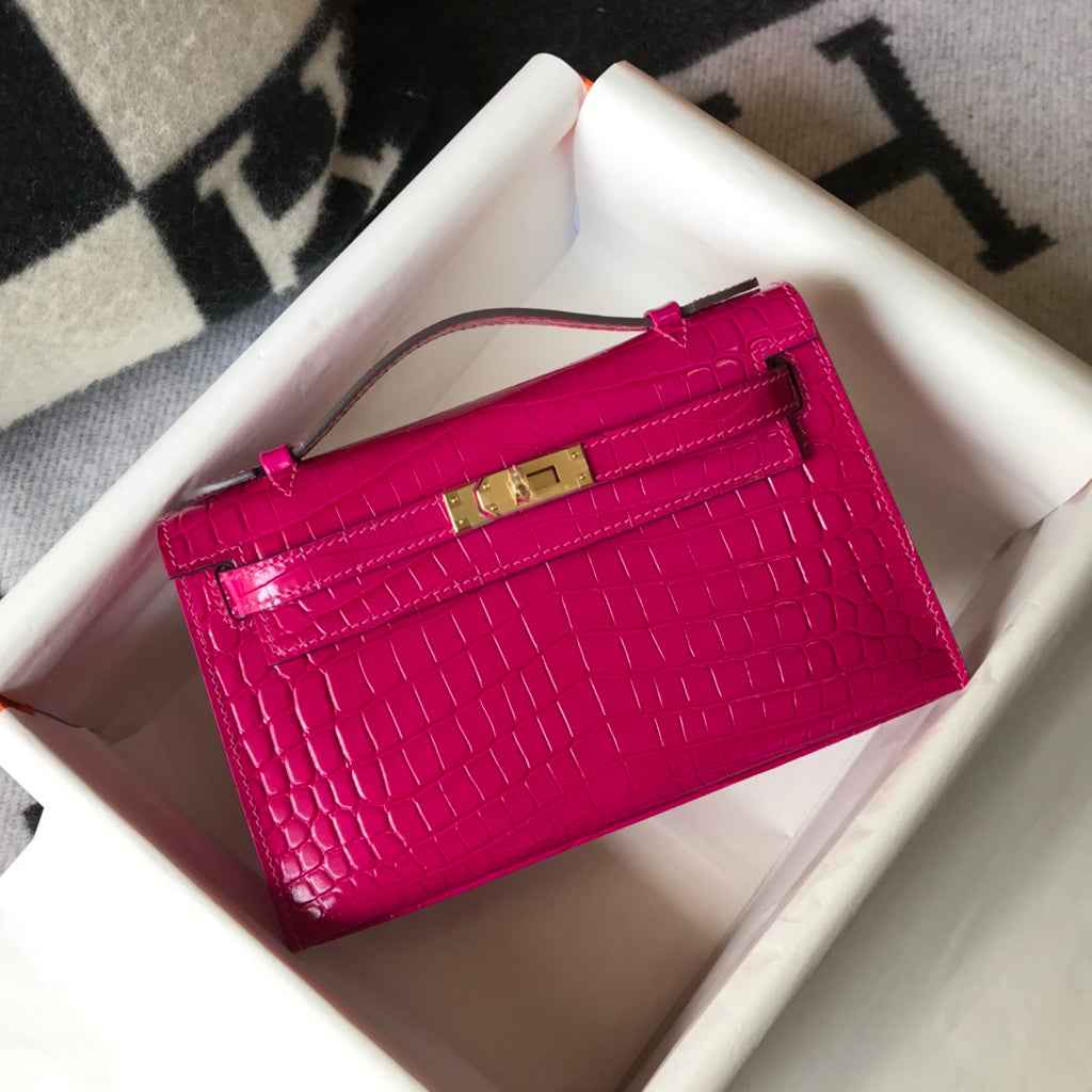 Hermes Kelly Mini II Bag 22 Plum Crocodile Leather Gold half Handmade