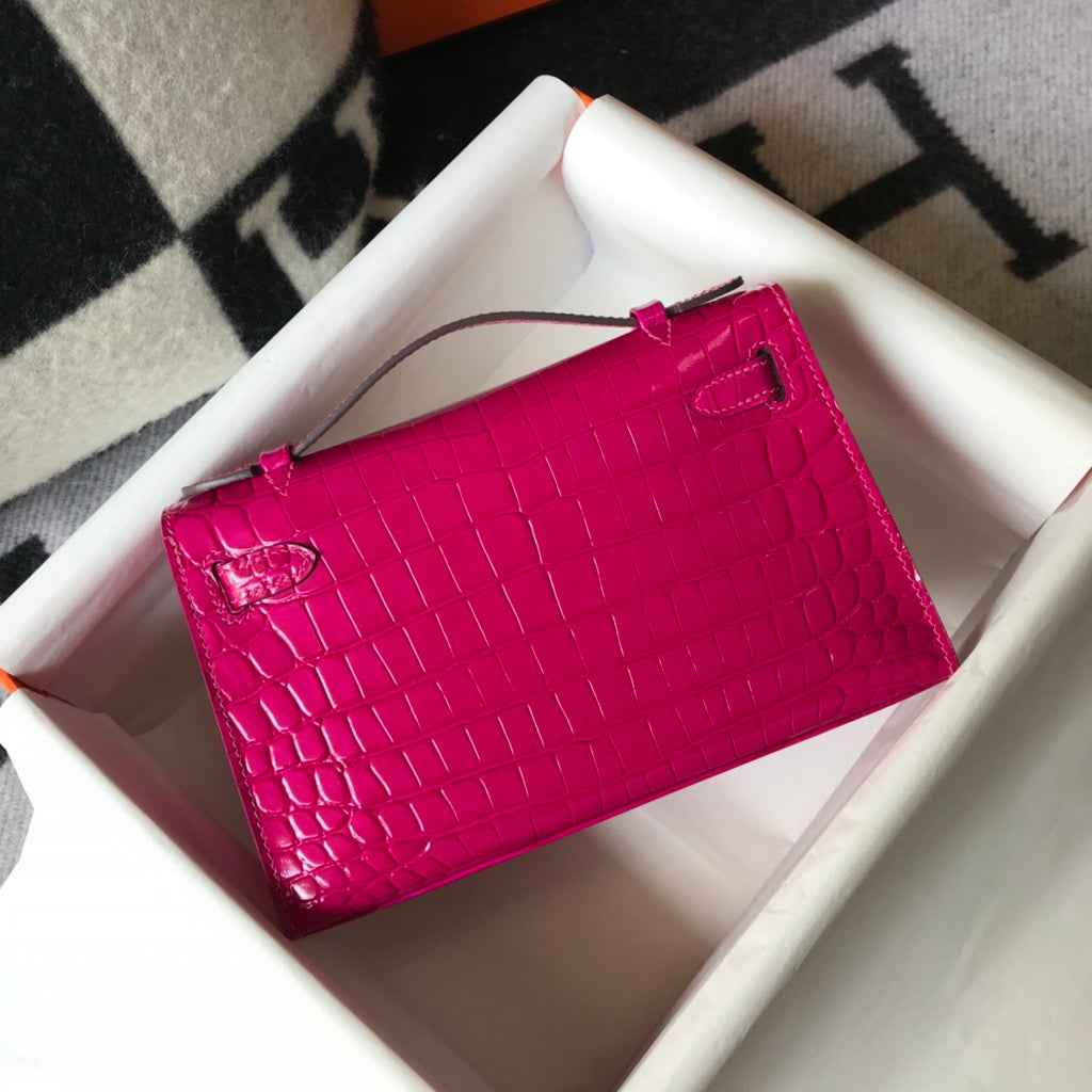 Hermes Kelly Mini II Bag 22 Plum Crocodile Leather Gold half Handmade