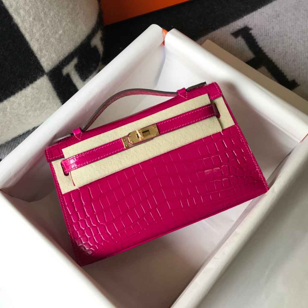 Hermes Kelly Mini II Bag 22 Plum Crocodile Leather Gold half Handmade
