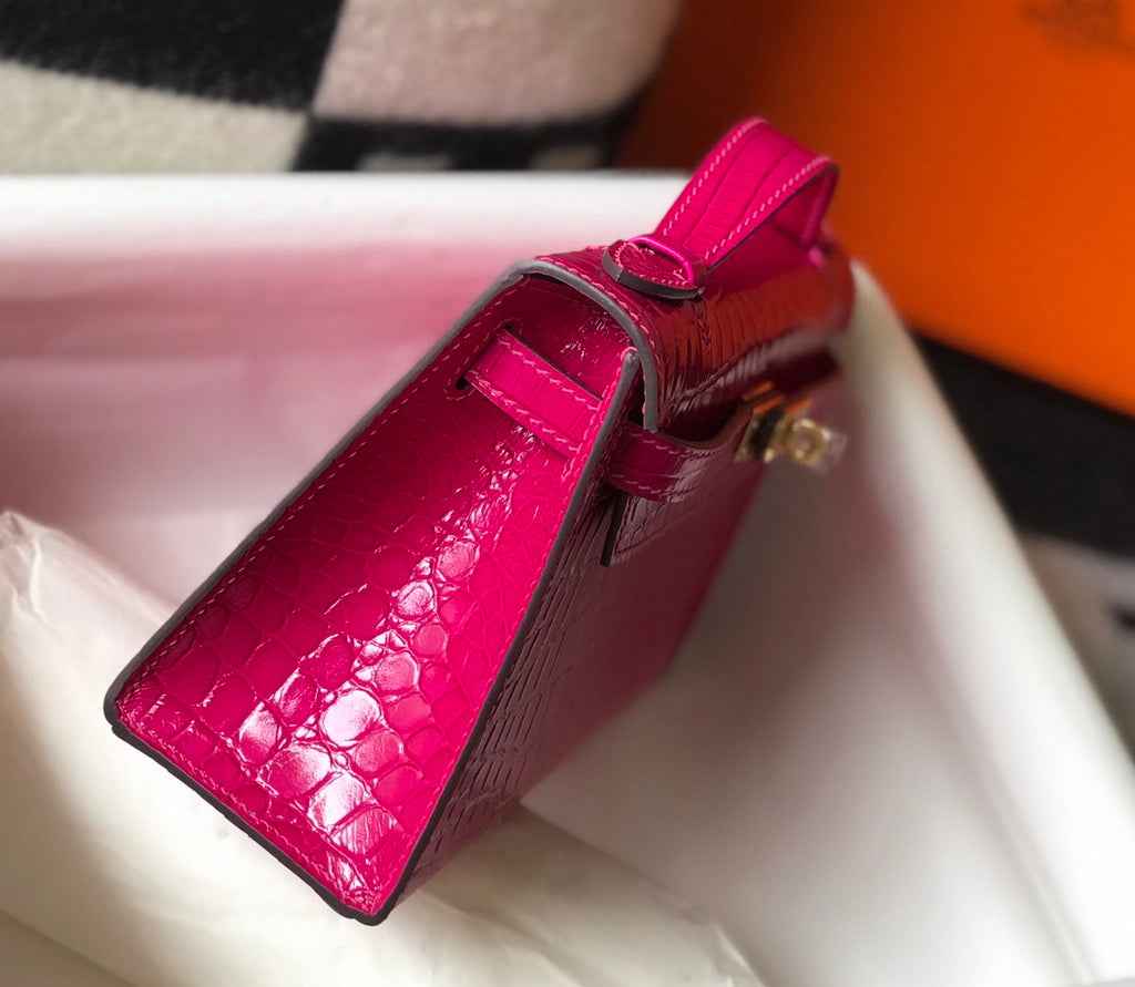 Hermes Kelly Mini II Bag 22 Plum Crocodile Leather Gold half Handmade