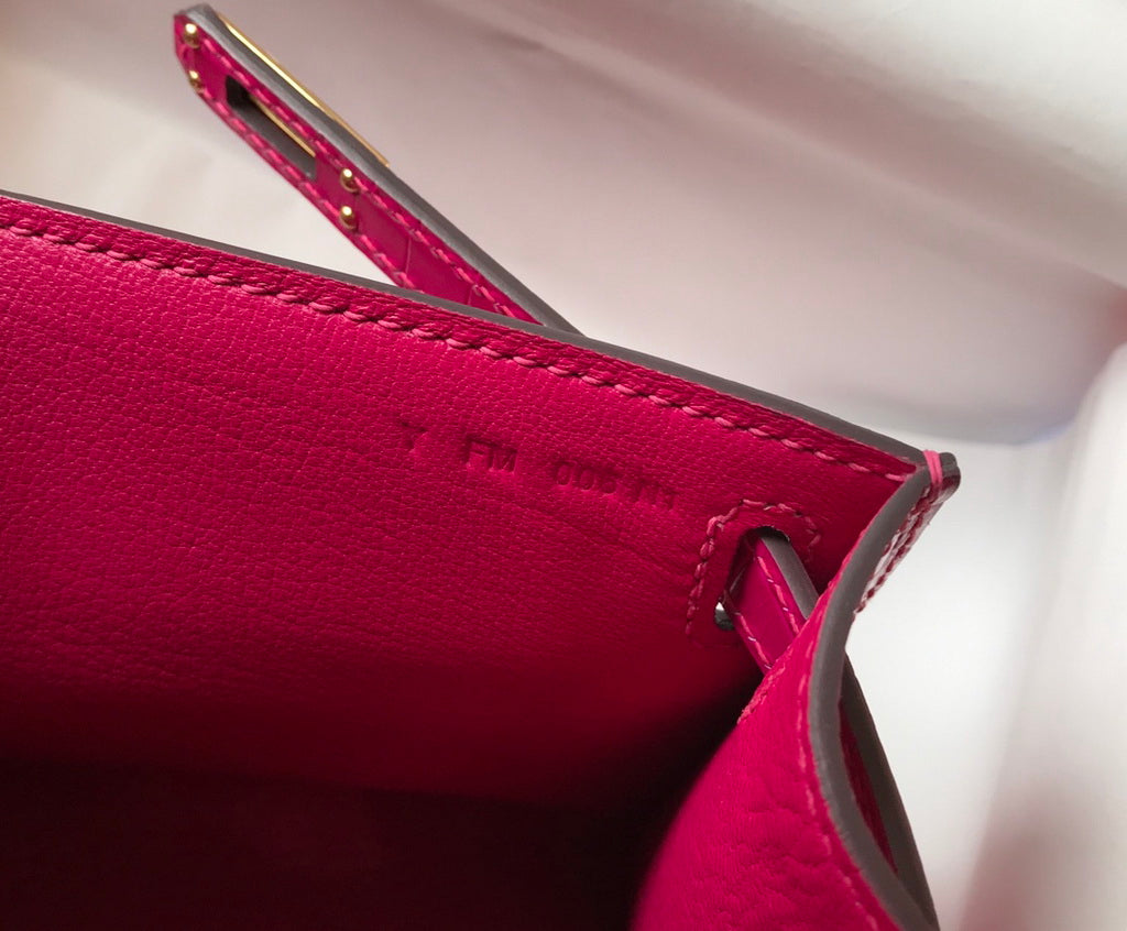 Hermes Kelly Mini II Bag 22 Plum Crocodile Leather Gold half Handmade