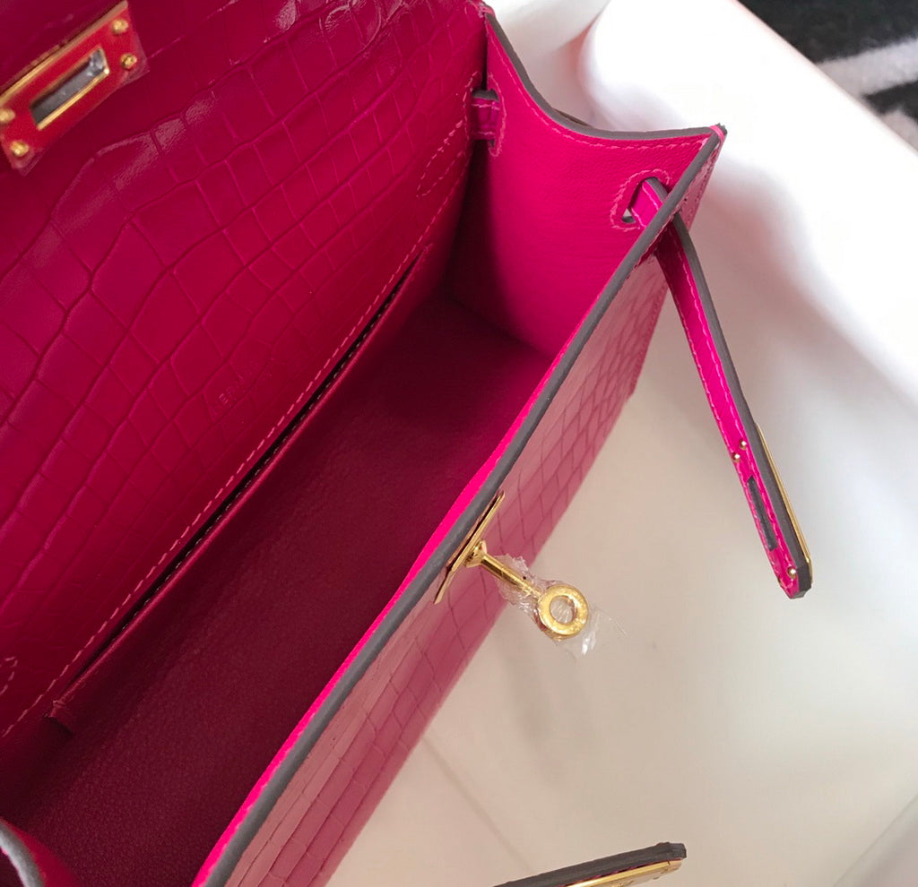 Hermes Kelly Mini II Bag 22 Plum Crocodile Leather Gold half Handmade