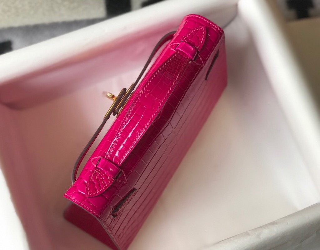Hermes Kelly Mini II Bag 22 Plum Crocodile Leather Gold half Handmade