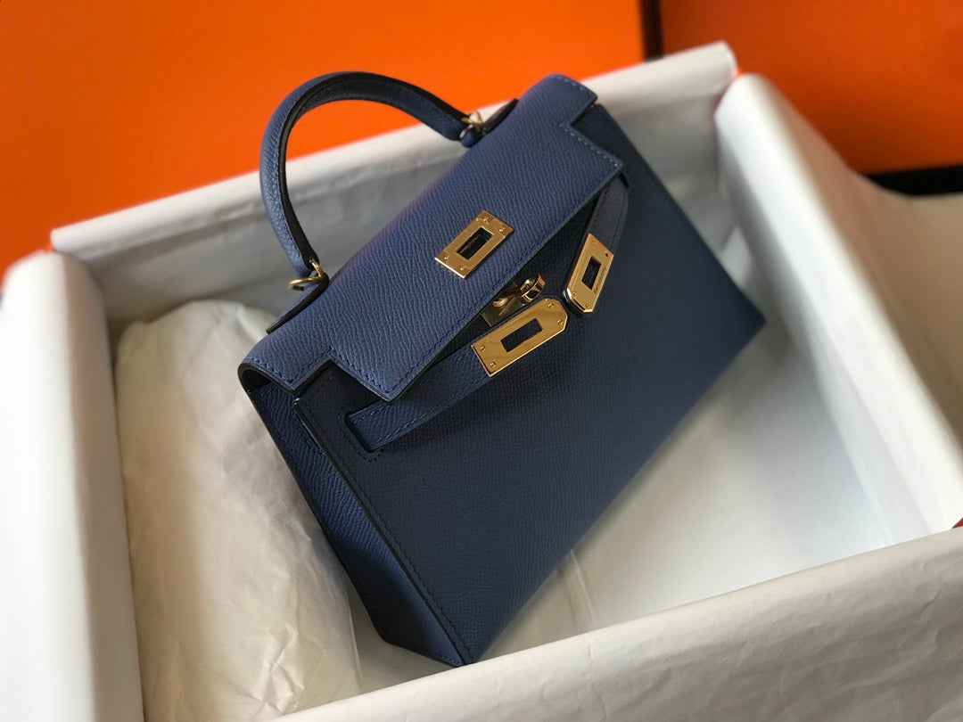 Hermes Kelly Mini II Bag Navy Blue Epsom with Gold Hardware 19