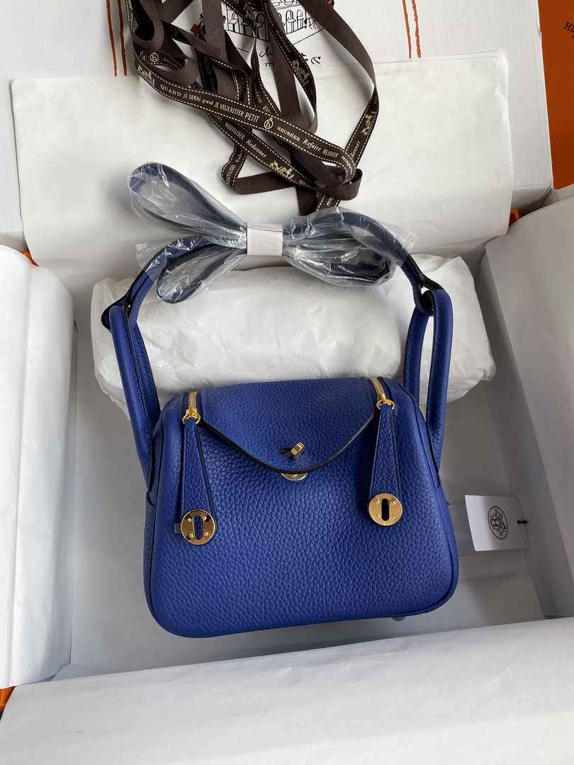 Hermes Lindy Mini Bag Dark Blue Togo Leather Gold Hardware H8610