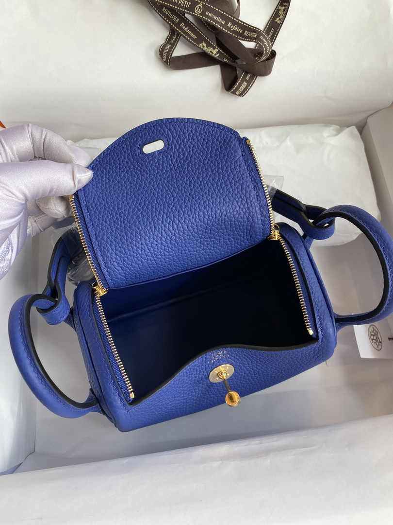 Hermes Lindy Mini Bag Dark Blue Togo Leather Gold Hardware H8610