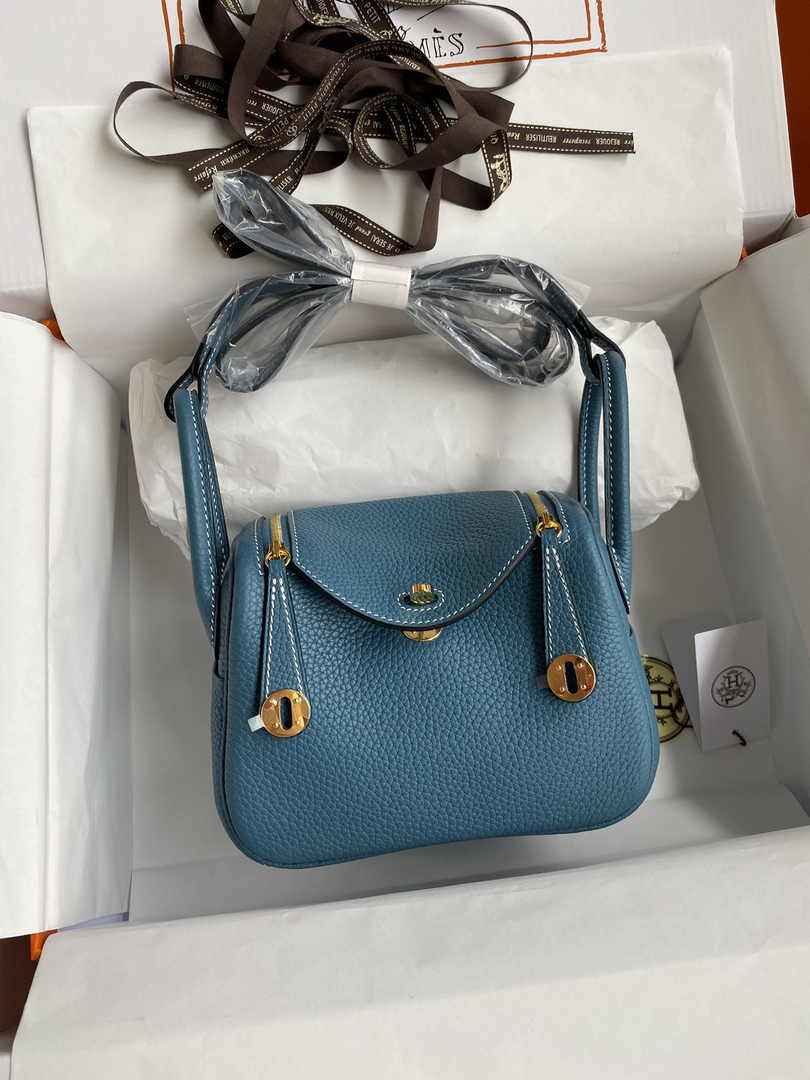 Hermes Lindy Mini Bag Blue Togo Leather Gold Hardware H8614